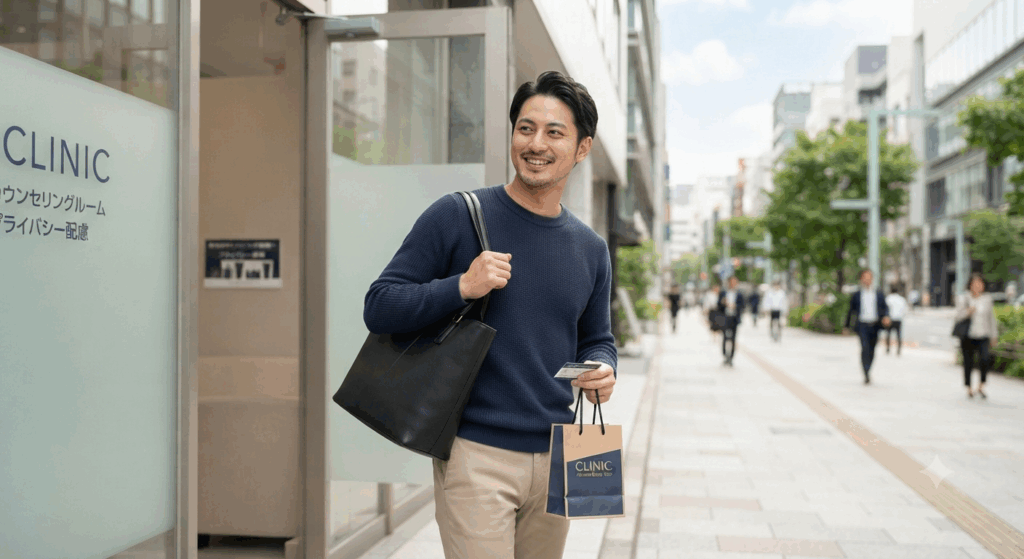 笑顔でクリニックを後にする男性のイメージ画像